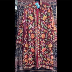 Hand embroidered cashmere knee length coat